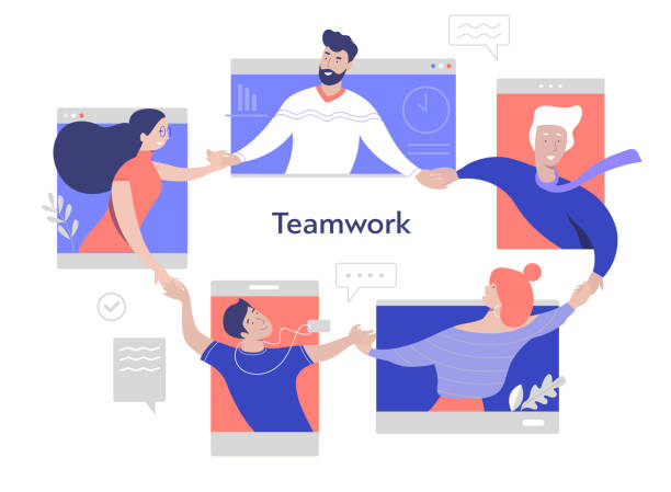 Happy work team Team joining hands together. Successful project concept. Isolation online meeting. Corporate distant discussion. Flat vector illustration concept together for yes stock illustrations