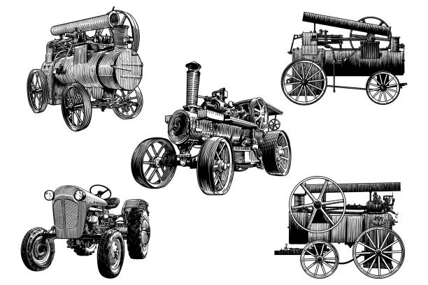 Set of five vector drawings of retro tractors Hand drawn illustration of vintage tractors. road going steam engine stock illustrations