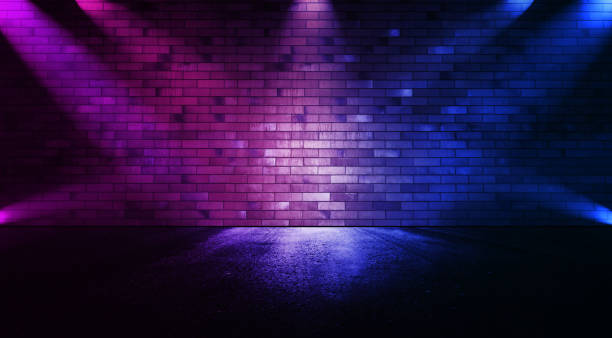 istock Rays neon light on neon brick wall with smoke 1398984787