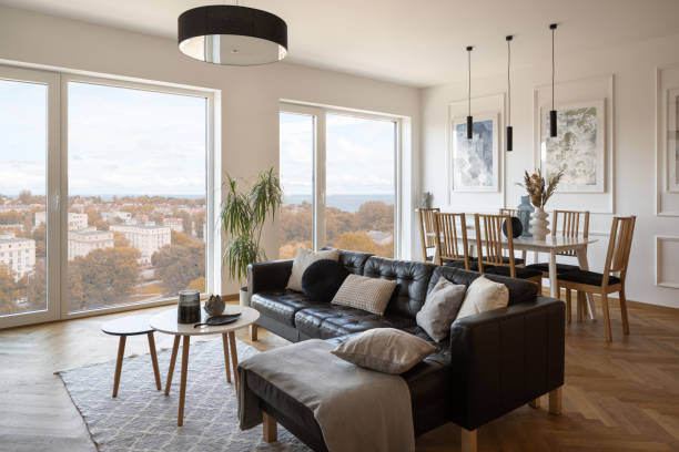 istock Big windows in spacious living room 1398986110