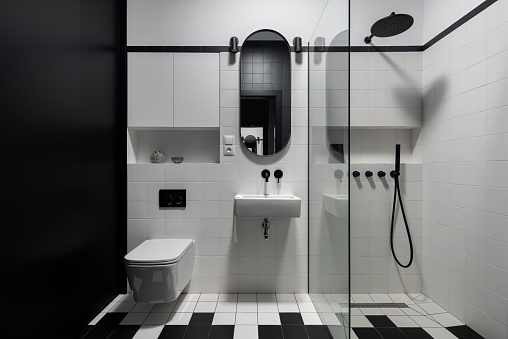 Small and modern black and white bathroom, with shower behind glass wall, oval mirror over washbasin and square toilet