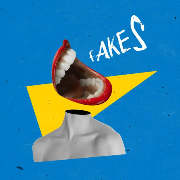 Contemporary art collage. Female bust and mouth shouting fake news isolated over blue and yellow background. Conceptual image. Propaganda, disinformation, rumors, gossips concept