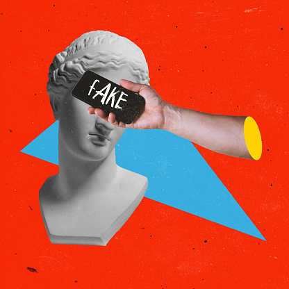 Contemporary art collage. Antique statue bust and phone screen covering eyes with fake news lettering. Spreading rumors. Concept of disinformation, gossips, propaganda, influence, society. Artwork