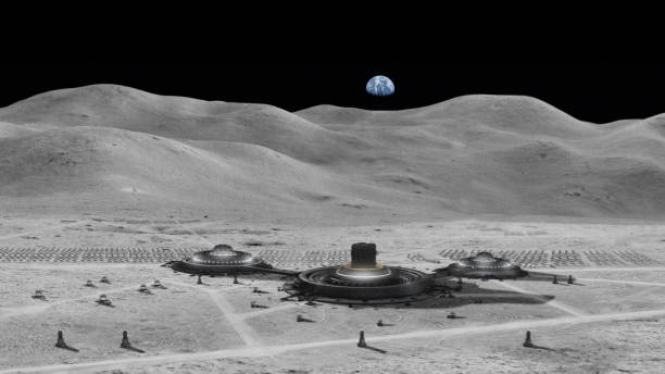 istock Space station on the moon. Distant planet Earth in the sky 1398989836