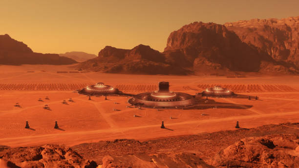 Human colony on the Mars. Rusty mountains in arid climate stock photo