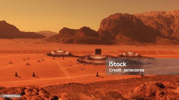 Human Colony On The Mars Rusty Mountains In Arid Climate Stock Photo - Download Image Now