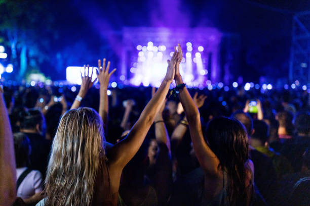 Back view of female friends with raised arms on a music festival.