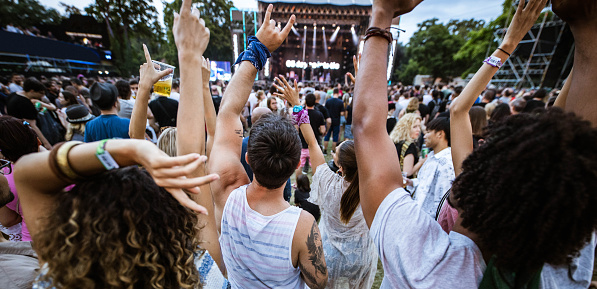 Rear view of crowd of people with raised arms on a music festival.