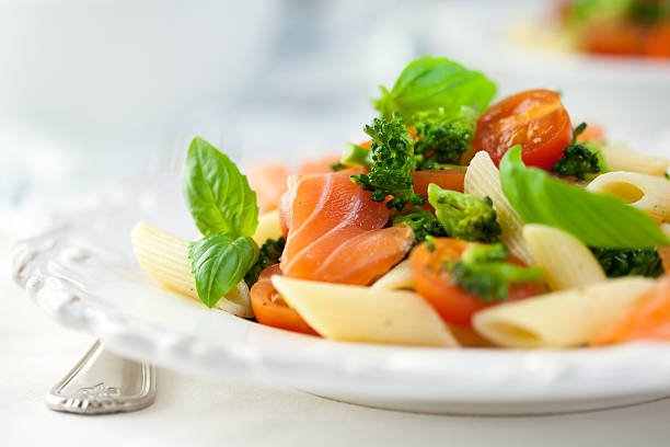 pasta salad with smoked salmon and broccoli