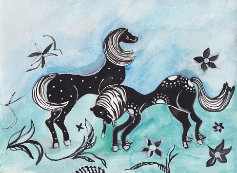 free-roaming horses,drawing in style tingatinga