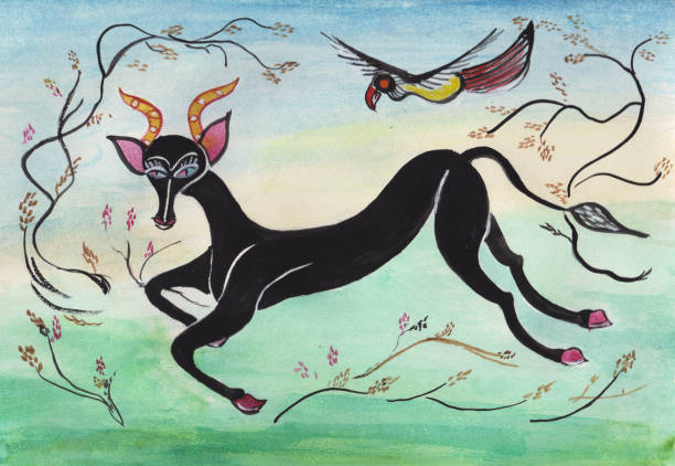 czarna antylopa i papuga na wiosnę - egzotyczny ptak obrazy stock illustrations
