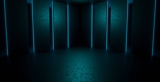 istock Extraterrestrial Empty Glowing Vibrant Laser Showcase Stage Corridor Hallway Entrance Dimmed Dark Blue Background Digital Futurism Concept For Product Backgrounds Presentation 3D Rendering 1398992401