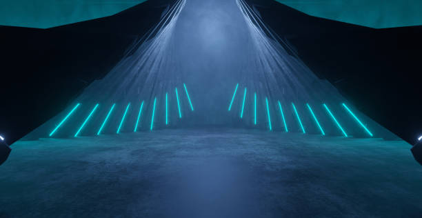 istock SciFi Galactic Empty Smoke Deep Blue Green Laser Cyberspace Background Interior Metal Mesh Corridor Background 3D Rendering 1398992438
