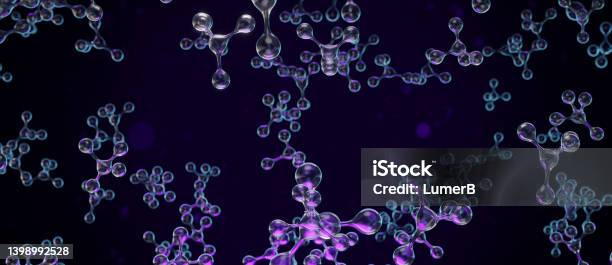 Purple Neon Trendy Glass Molecules Abstract Background 3d Illustration Stock Photo - Download Image Now