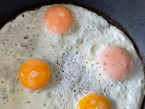 Stock photo showing elevated view of seasoned eggs that have been fried in a non-stick frying pan.