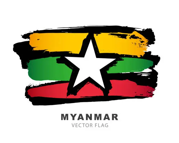 Vector illustration of Flag of Myanmar. Colored brush strokes drawn by hand. Vector illustration isolated on white background.