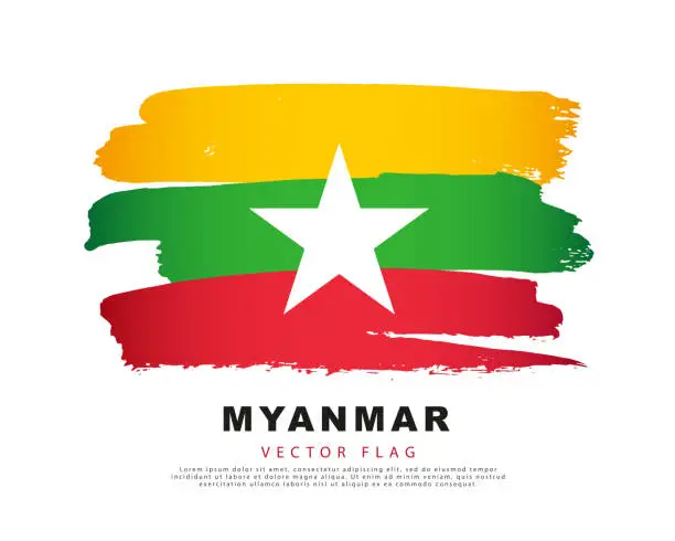 Vector illustration of Flag of Myanmar. Yellow, green and red hand-drawn brush strokes. Vector illustration isolated on white background.