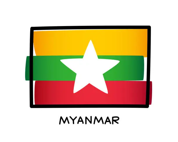 Vector illustration of Flag of Myanmar. Colorful logo of Myanmar flag. Yellow, green and red hand-drawn brush strokes. Black outline. Vector illustration