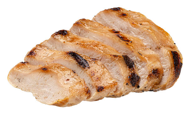 istock Grilled chicken breast slices isolated on white background 1398994393