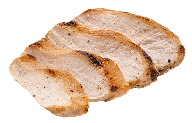 istock Grilled chicken breast slices isolated on white background 1398994402