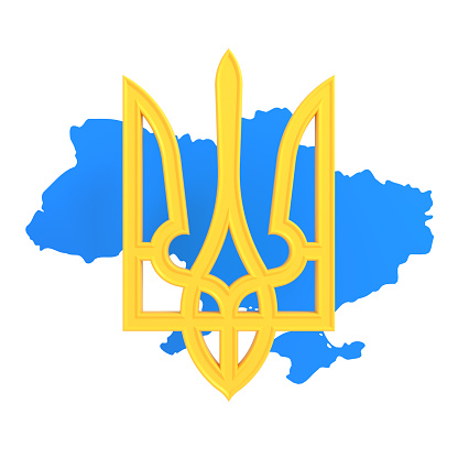 Ukrainian symbols, coat of arms Ukrainian, silhouette maps Ukrainian, yellow and blue, 3d render