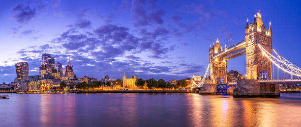 london panoramic view at the skyline of london after sunset tower bridge london england bridge europe stock pictures, royalty-free photos & images