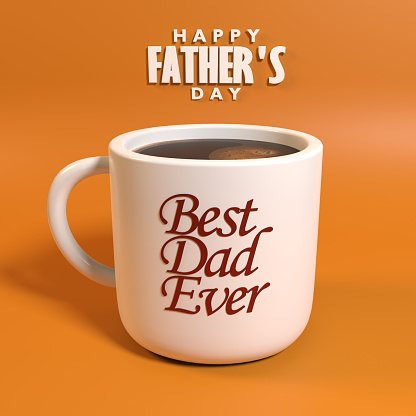 Elegant minimal Happy Fathers Day greeting card and flyer design with a full coffee cup against orange background. Easy to crop for all your social media and print sizes.