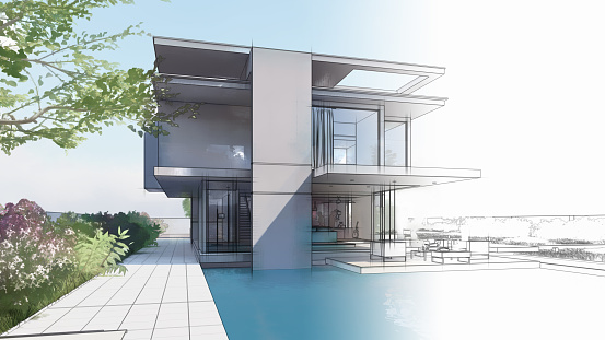 3D rendering of a house, architecture draft of a luxury house