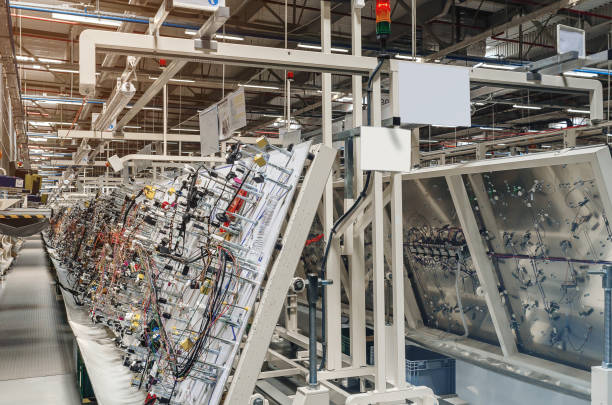 seitenansicht des produktionsraums mit ständen für die herstellung von elektrischen leitungen für autos in einer modernen fabrik. - zuggeschirr stock-fotos und bilder