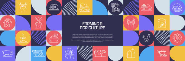 ilustraciones, imágenes clip art, dibujos animados e iconos de stock de agricultura y diseño relacionado con la agricultura con iconos de línea. iconos de símbolo de contorno simple. - tractor green farm corn
