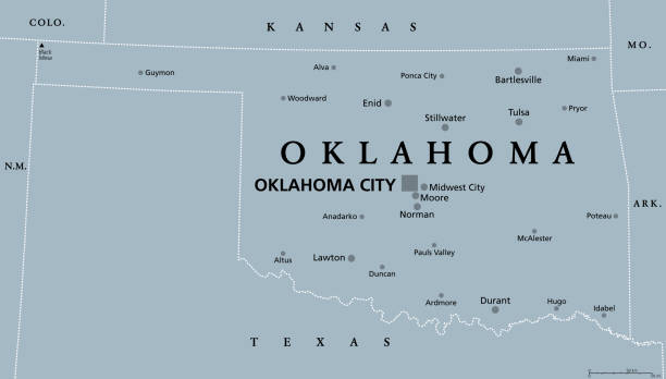 ilustraciones, imágenes clip art, dibujos animados e iconos de stock de oklahoma, ok, mapa político gris, estado de los estados unidos, apodado native america - moored