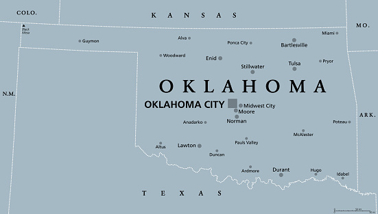 Oklahoma, OK, gray political map, with capital Oklahoma City and the most important cities. US State in the South Central region, nicknamed Native America, Land of the Red Man, or Sooner State. Vector