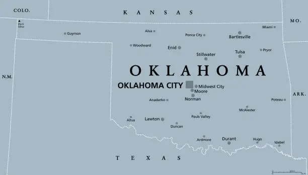 Vector illustration of Oklahoma, OK, gray political map, US state, nicknamed Native America