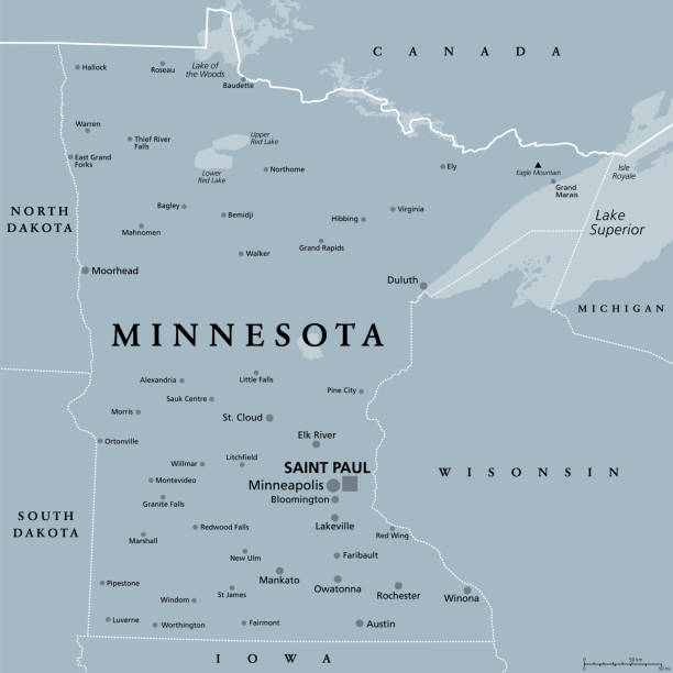 Minnesota, MN, gray political map, US state, Land of 10,000 Lakes Minnesota, MN, gray political map with capital Saint Paul and metropolitan area Minneapolis. State in upper Midwestern United States. Nicknamed Land of 10,000 Lakes, North Star State and Gopher State. minnesota map stock illustrations