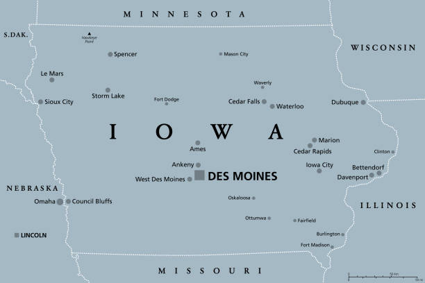 ilustraciones, imágenes clip art, dibujos animados e iconos de stock de iowa, ia, mapa político gris, estado de ee.uu., apodado the hawkeye state - cedar falls iowa