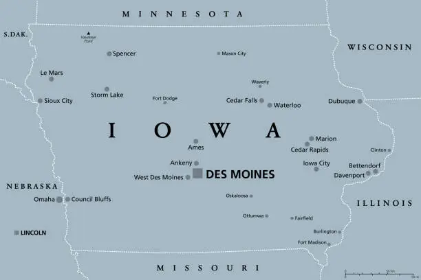 Vector illustration of Iowa, IA, gray political map, US state, nicknamed The Hawkeye State