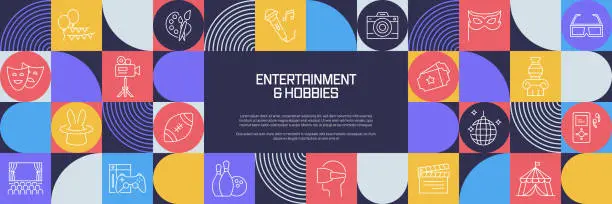 Vector illustration of Entertainment and Hobbies Related Design with Line Icons. Simple Outline Symbol Icons.