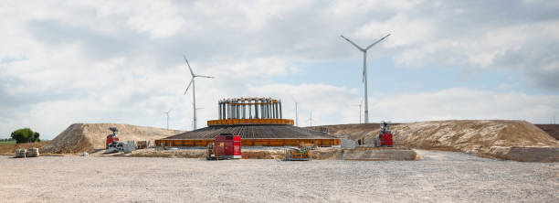 Construction site. concrete foundation of wind turbines with concrete and steel. building wind turbines. metalwork in the foundation of a wind turbine base. stock photo