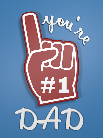 Index finger is pointing number 1 on a foam fun glove hand and dad title on blue background. Easy to crop for all your social media and print sizes.