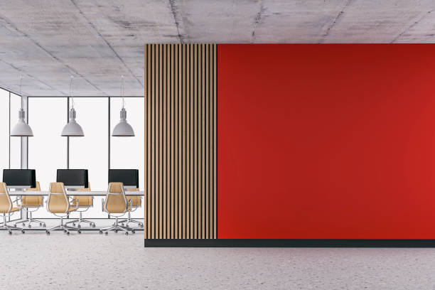 istock Empty office interior with copy space and work desks on terrazzo floor and paneled wall 1399000768