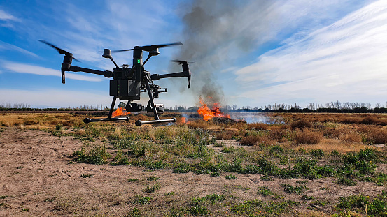 Mendoza, Argentina, November 20, 2021;Drone with thermal camera controlling the beginning of the fire,