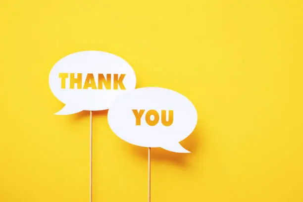 Thank you written circular white chat bubble pair sitting on yellow background. Horizontal composition with copy space.