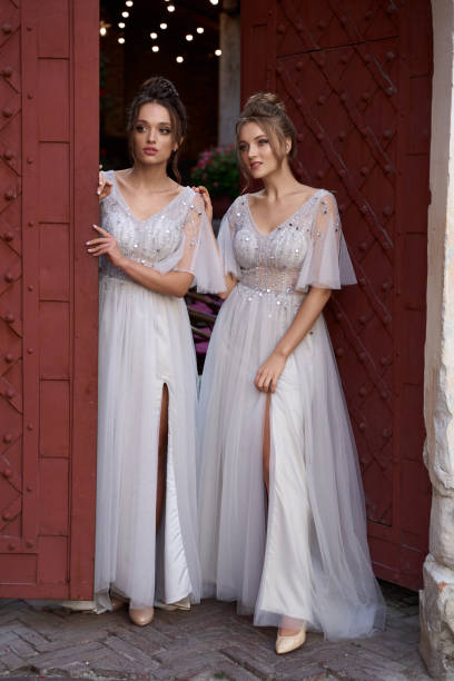 European girls bridesmaids in silver dresses having fun stock photo