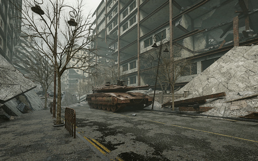 Digitally generated post apocalyptic scene depicting a desolate urban landscape with buildings in ruins and a rusty abandoned MBT (main battle tank).\n\nA conventional or nuclear war destroys communities and families and often disrupts the development of the social and economic fabric of nations. The effects of war include long-term physical and psychological harm to children and adults, as well as reduction in material and human capital.\n\nThe scene was created in Autodesk® 3ds Max 2022 with V-Ray 5 and rendered with photorealistic shaders and lighting in Chaos® Vantage with some post-production added.