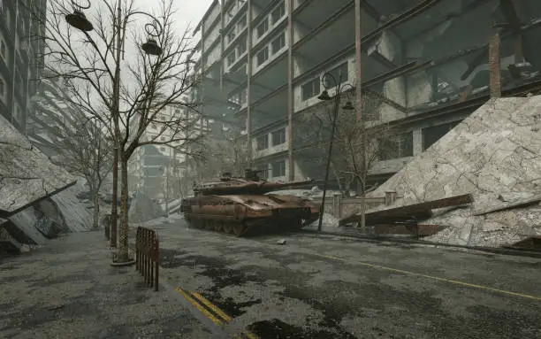 Digitally generated post apocalyptic scene depicting a desolate urban landscape with buildings in ruins and a rusty abandoned MBT (main battle tank).

A conventional or nuclear war destroys communities and families and often disrupts the development of the social and economic fabric of nations. The effects of war include long-term physical and psychological harm to children and adults, as well as reduction in material and human capital.

The scene was created in Autodesk® 3ds Max 2022 with V-Ray 5 and rendered with photorealistic shaders and lighting in Chaos® Vantage with some post-production added.