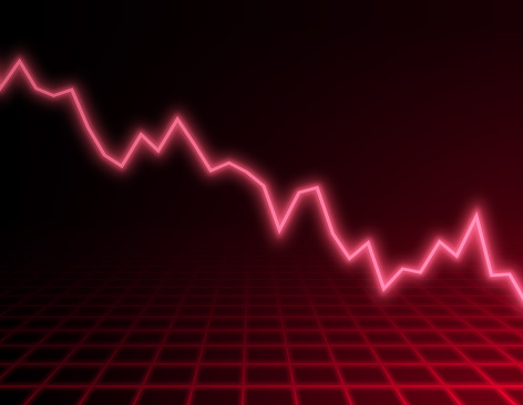 Stock market decrease decline depression recession red 3d grid graph.