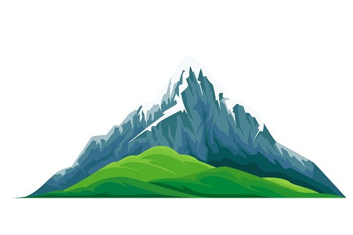 Snow capped mountain peak and green valley flat vector object isolated. Highland type and terrain cartoon style illustration