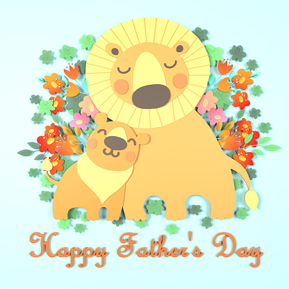 Illustrative drawing of a lion family of father with his kid posing and hugging each other on blue background. Happy Fathers Day greeting card template. Easy to crop for all your social media and print sizes.