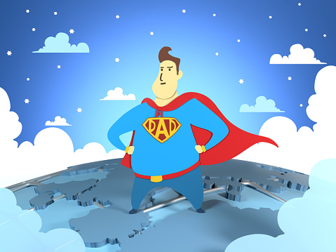 Silhouette of a superhero father in his red cape is flying over a big city in cartoon comic book style. Illustration in paper art craft style. Happy Fathers Day greeting card template. Easy to crop for all your social media and print sizes.