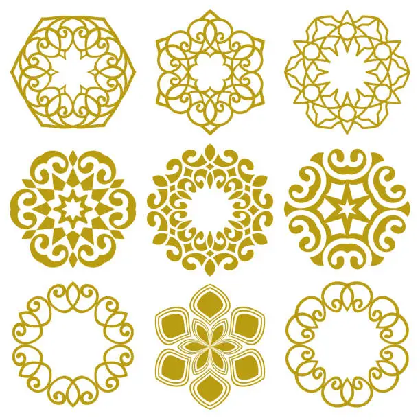 Vector illustration of Collection of vector floral golden oriental ornaments